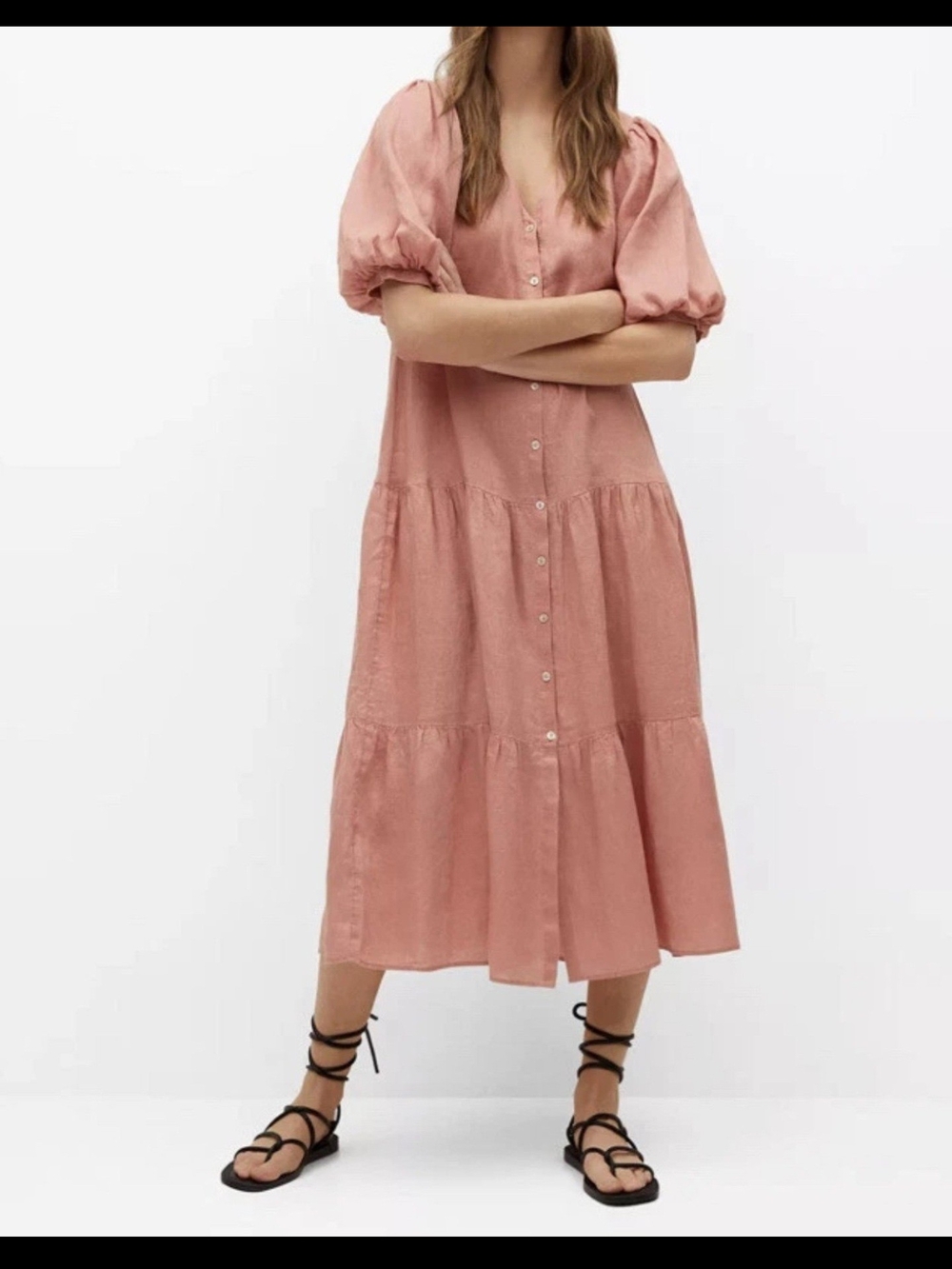 Mango Button-Front Puff-Sleeve Midi Dress in Dusty Green